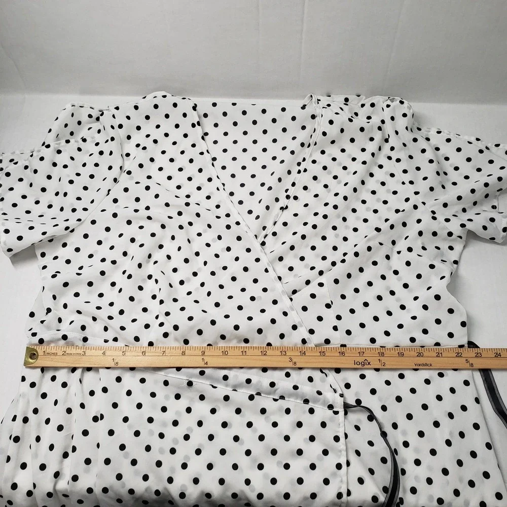 Boohoo Wrap Maxi Dress Womens 24 White Black Polka Dot Short Sleeve Romantic - Picture 6 of 16